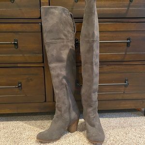 Grey suede over the knee heeled boot